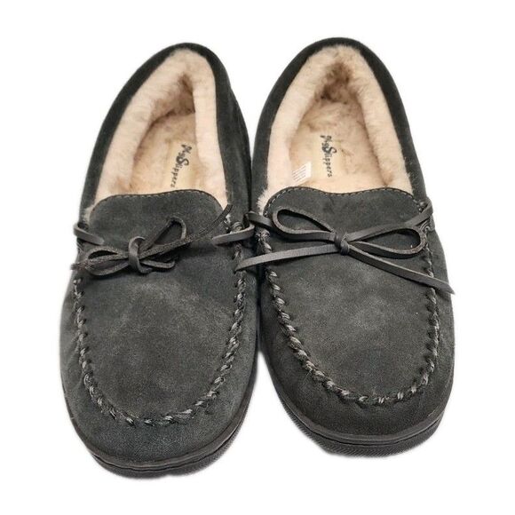My Slippers Men's Slippers Moccasin Size 8 Gray Faux Fur Lined Suede Leather - Picture 2 of 8